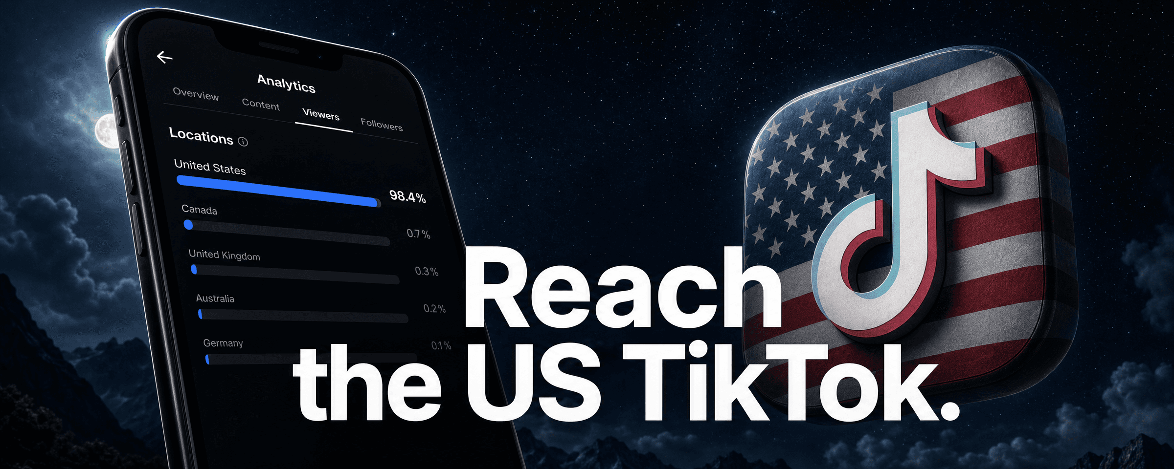 Illustrative night-sky composition: an angled phone showing United States 98.4%, a TikTok app icon on an American flag background, and the centered title Reach the US TikTok.