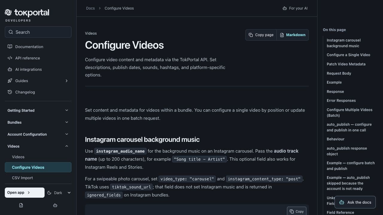 TokPortal documentation showing Instagram carousel fields and the instagram_audio_name parameter