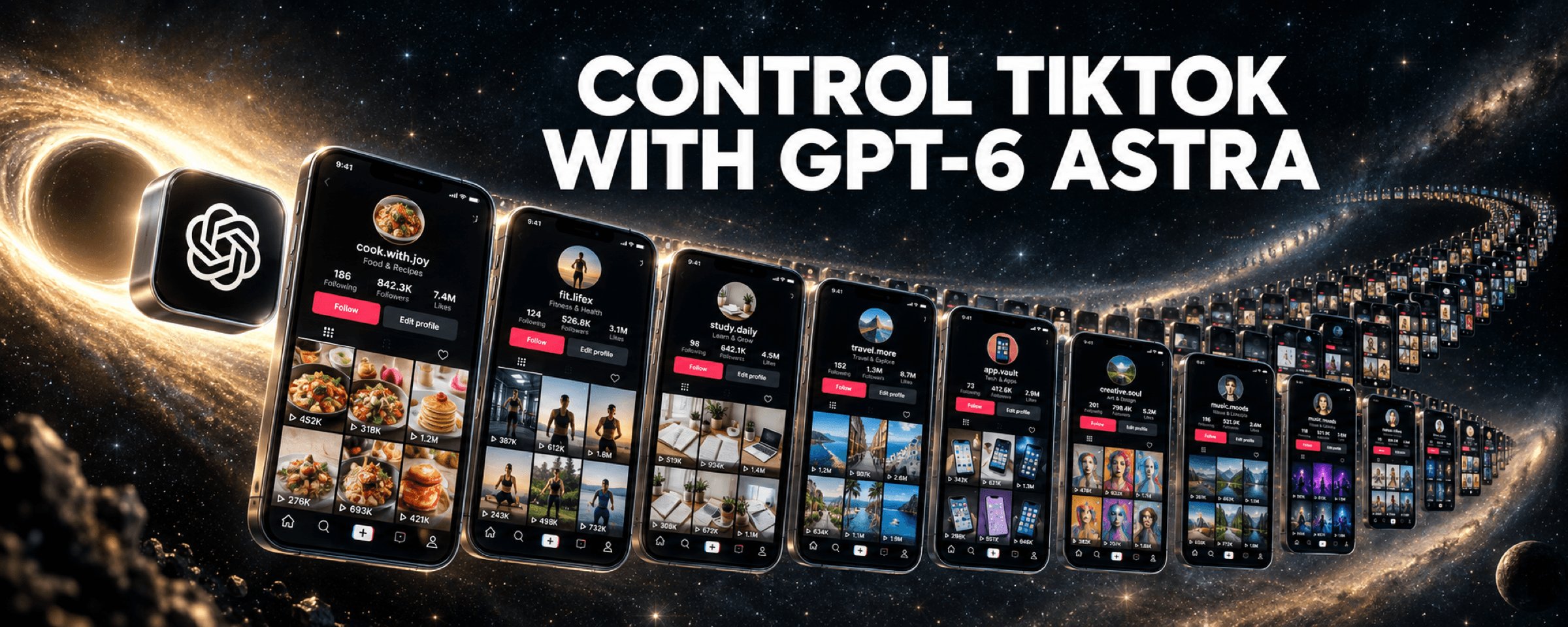 A ChatGPT app icon beside a galactic black hole, with a sweeping multitude of phones displaying distinct fictional TikTok profiles. Headline: CONTROL TIKTOK WITH GPT-6 ASTRA.
