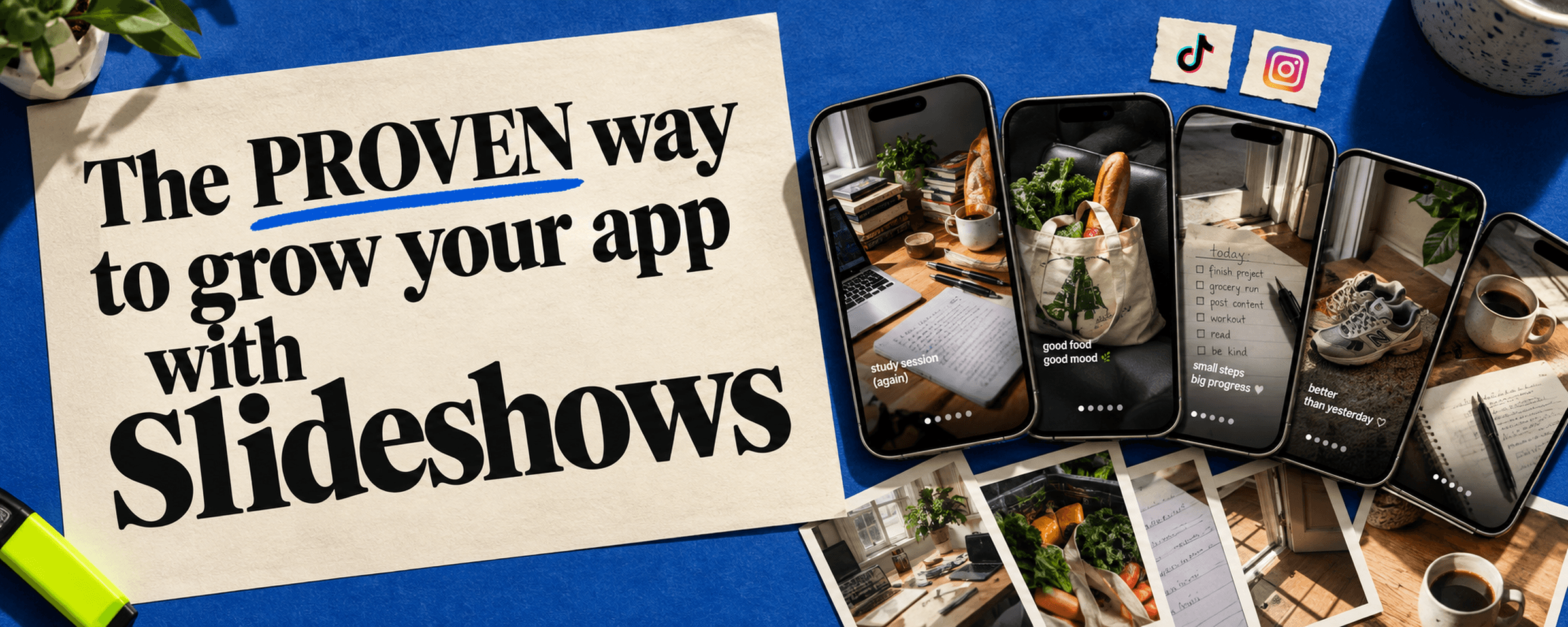 A cream paper headline on a cobalt blue desk beside five phones displaying ordinary photo carousels: The PROVEN way to grow your app with Slideshows.