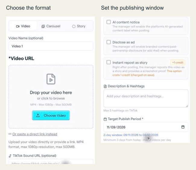 Actual TokPortal interface for configuring video, carousel and story content