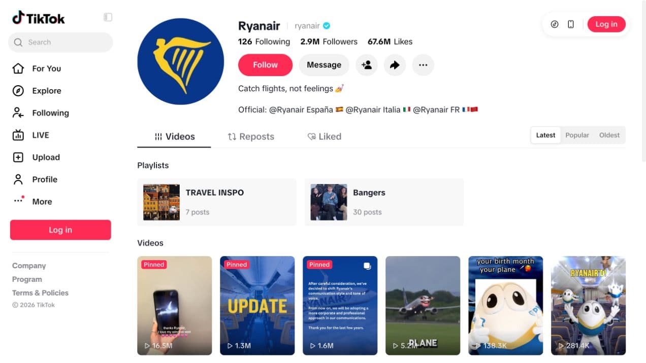Ryanair’s public TikTok profile with travel and humor playlists and country-specific accounts in its bio