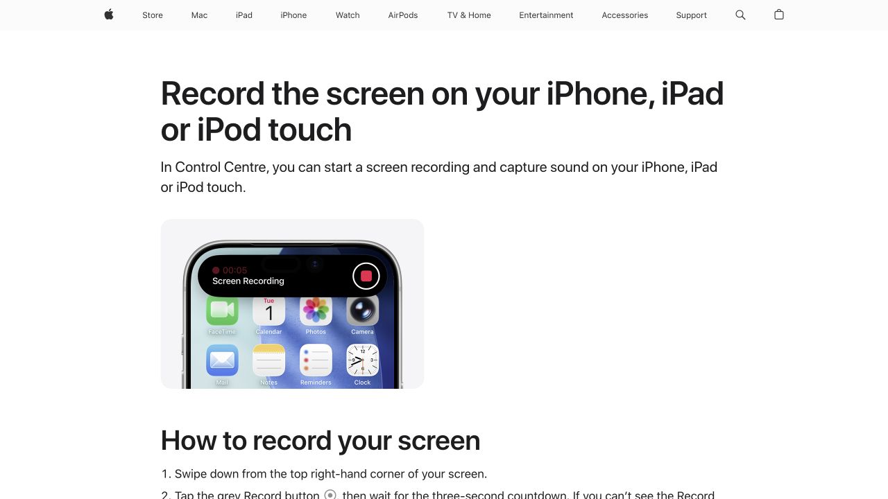 Apple Support illustrates the active screen recording indicator on an iPhone