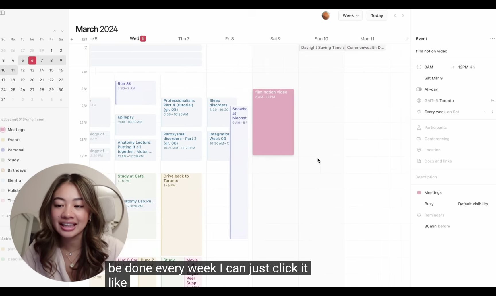 Sab Yang explains a Notion Calendar event with the product interface and weekly recurrence setting visible