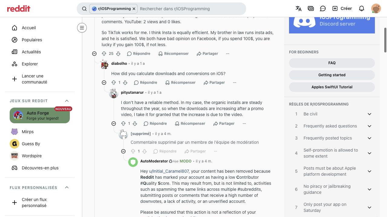 Developer asks how iOS conversions were calculated; reply acknowledges an unreliable method