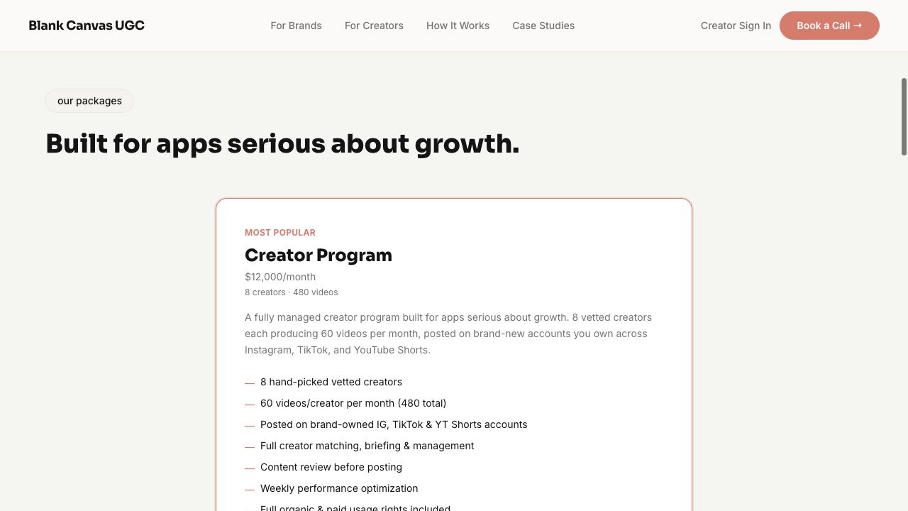 Blank Canvas UGC package with monthly price, creator count and account-posting scope