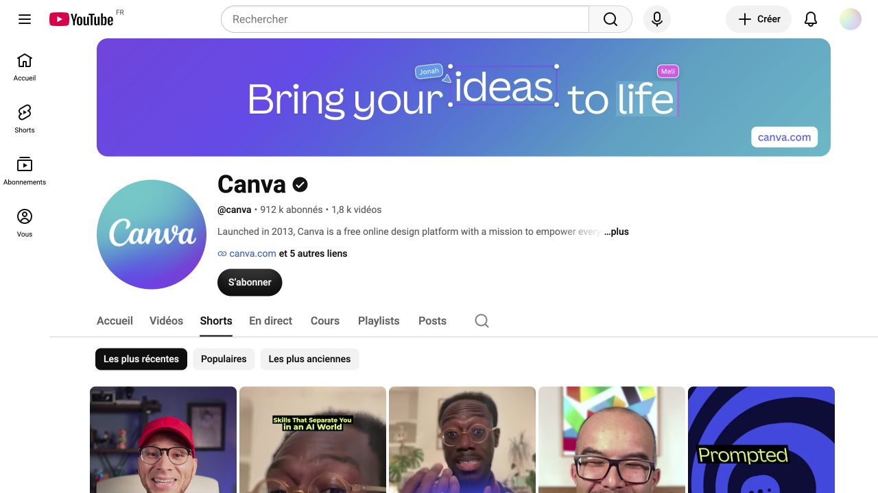 Verified Canva YouTube profile and Shorts section