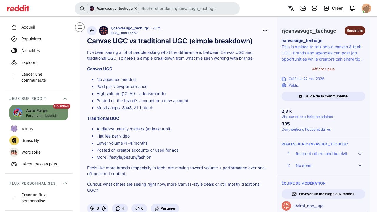 Public community post compares Canvas and traditional UGC including follower assumptions