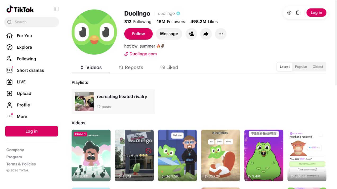 Duolingo public TikTok profile with brand name, owl and product link