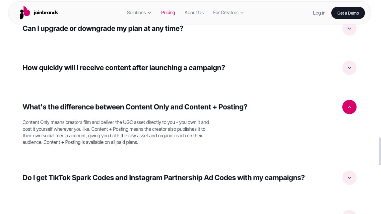 Expanded JoinBrands FAQ separates content delivery from creator-account posting