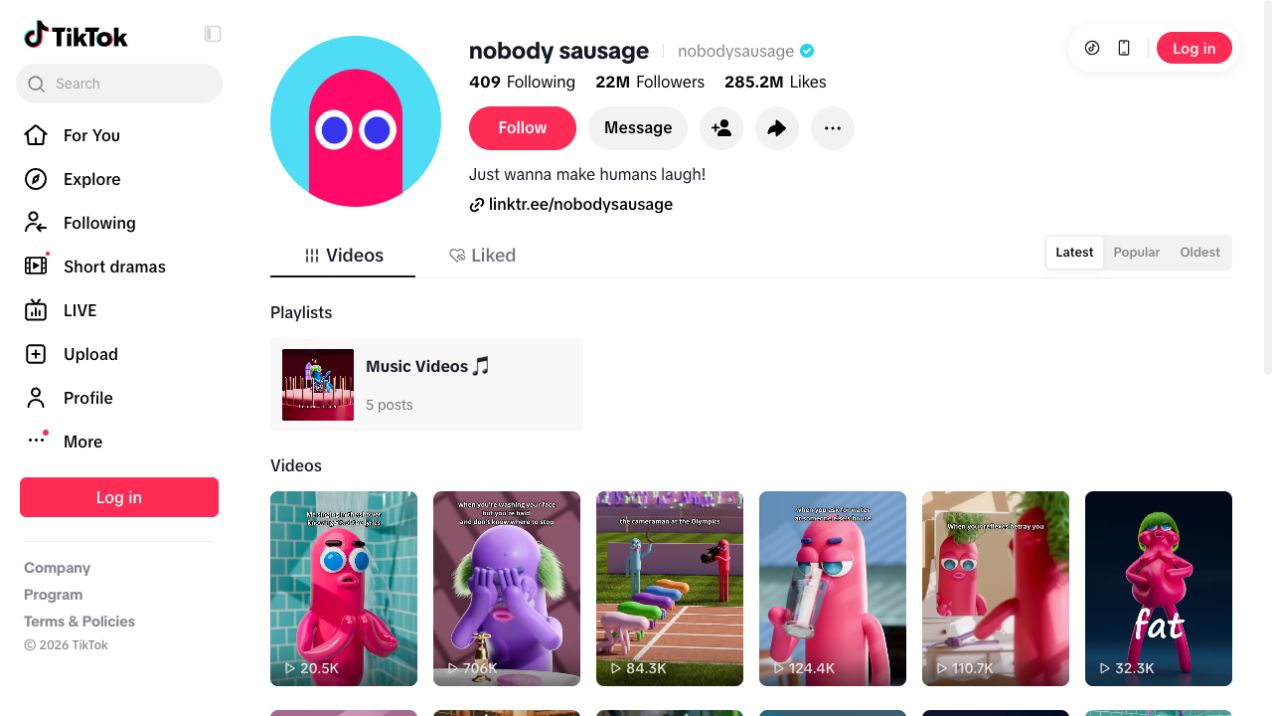 Nobody Sausage TikTok profile with different recurring character scenes