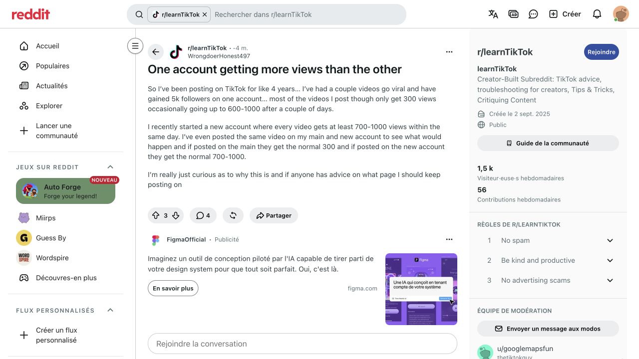 A public creator reports different view counts for the same material on two accounts
