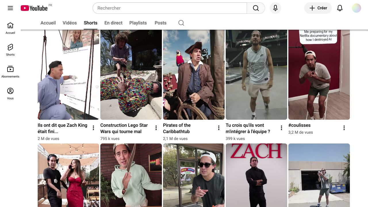 Public Zach King Shorts with visible counts ranging from thousands to millions