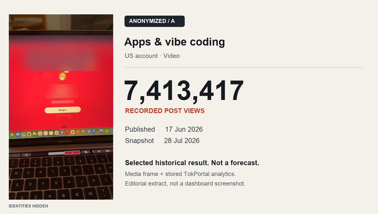 Anonymized app and vibe-coding video frame, with 7,413,417 recorded views. Published June 17, 2026; snapshot July 28, 2026.