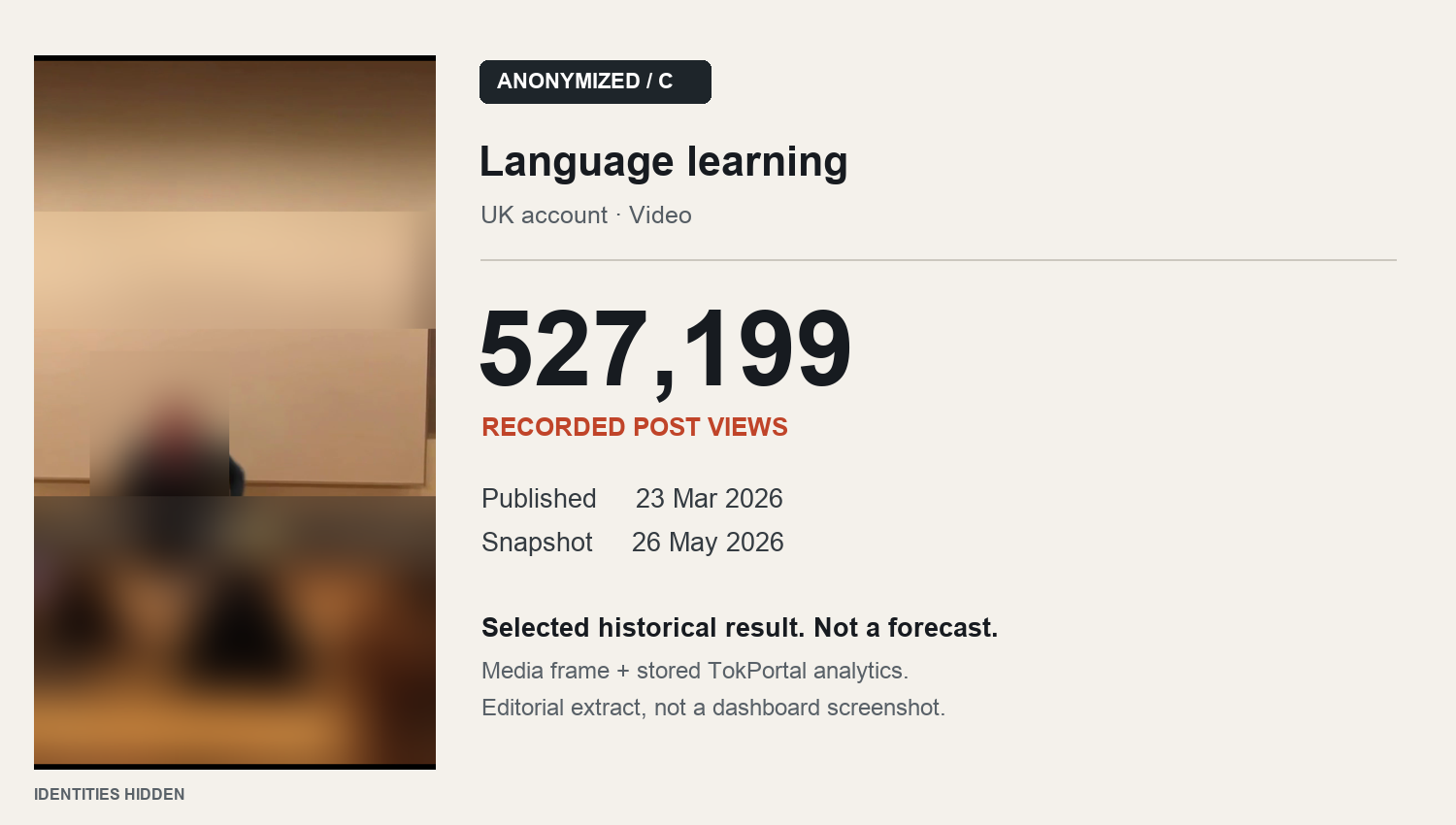 Anonymized classroom video frame, with 527,199 recorded views. Published March 23, 2026; snapshot May 26, 2026.