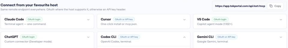 Real TokPortal developer connection screen with its public remote MCP address.