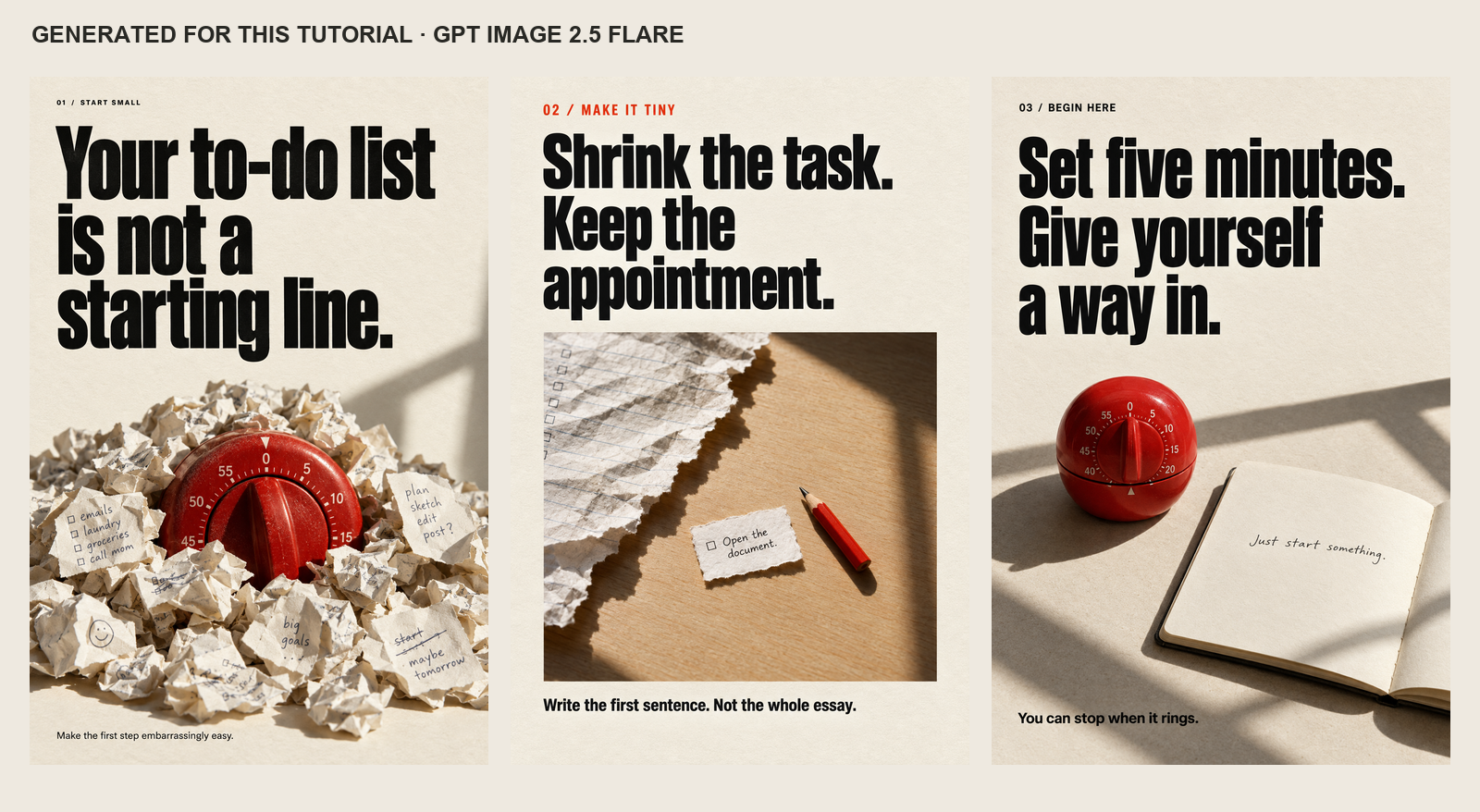 Three generated productivity slides: Your to-do list is not a starting line; Shrink the task; Set five minutes.