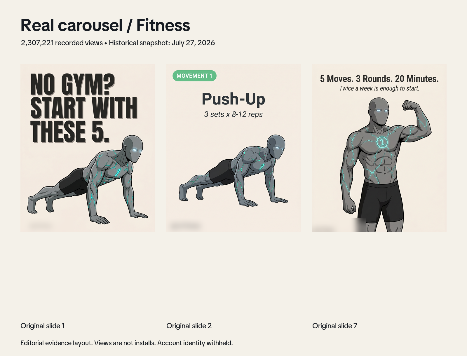 Three original illustrated fitness slides with account branding blurred, alongside 2,307,221 recorded views dated July 27, 2026.