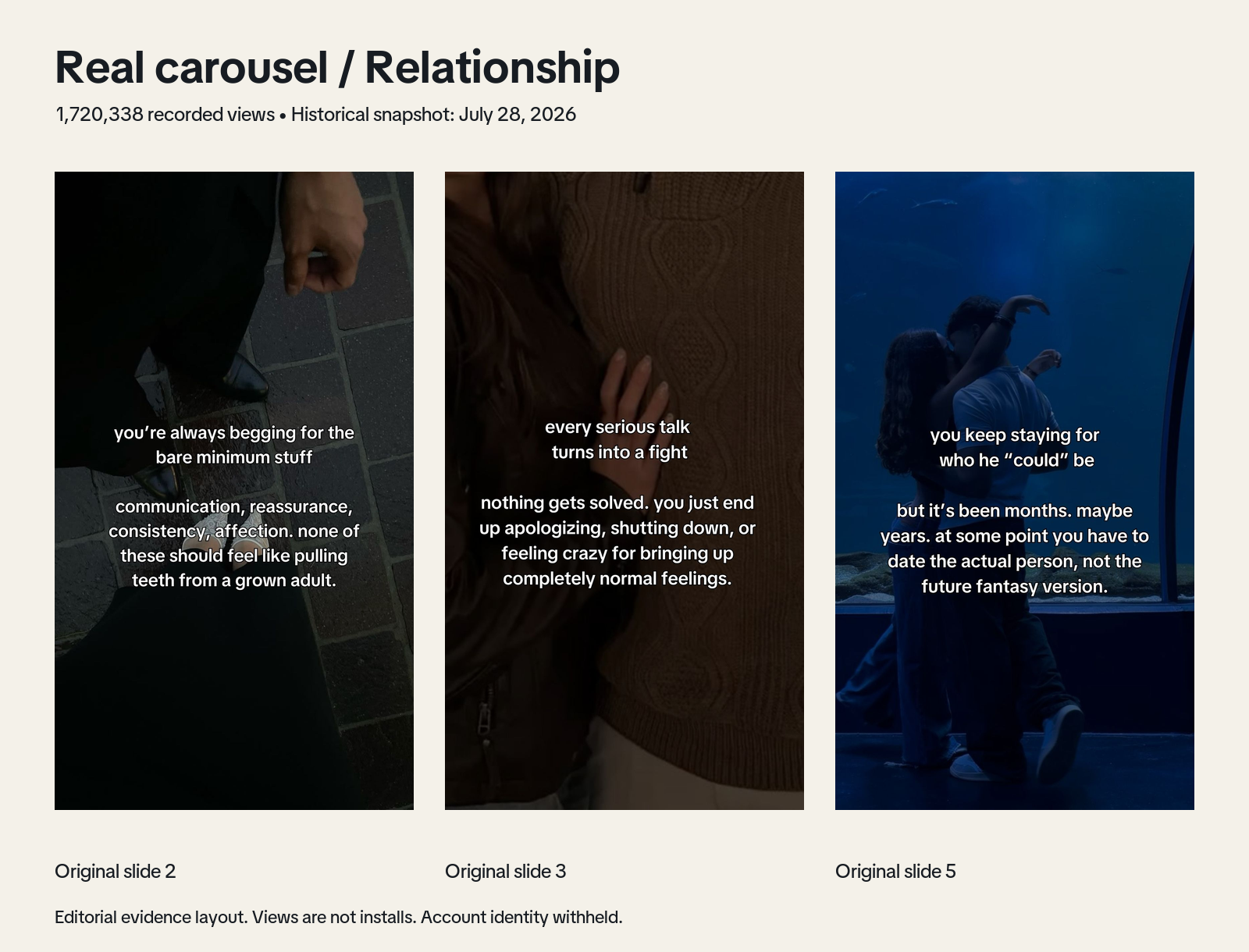 Three original middle slides from a relationship carousel, alongside 1,720,338 recorded views and the July 28, 2026 snapshot date.