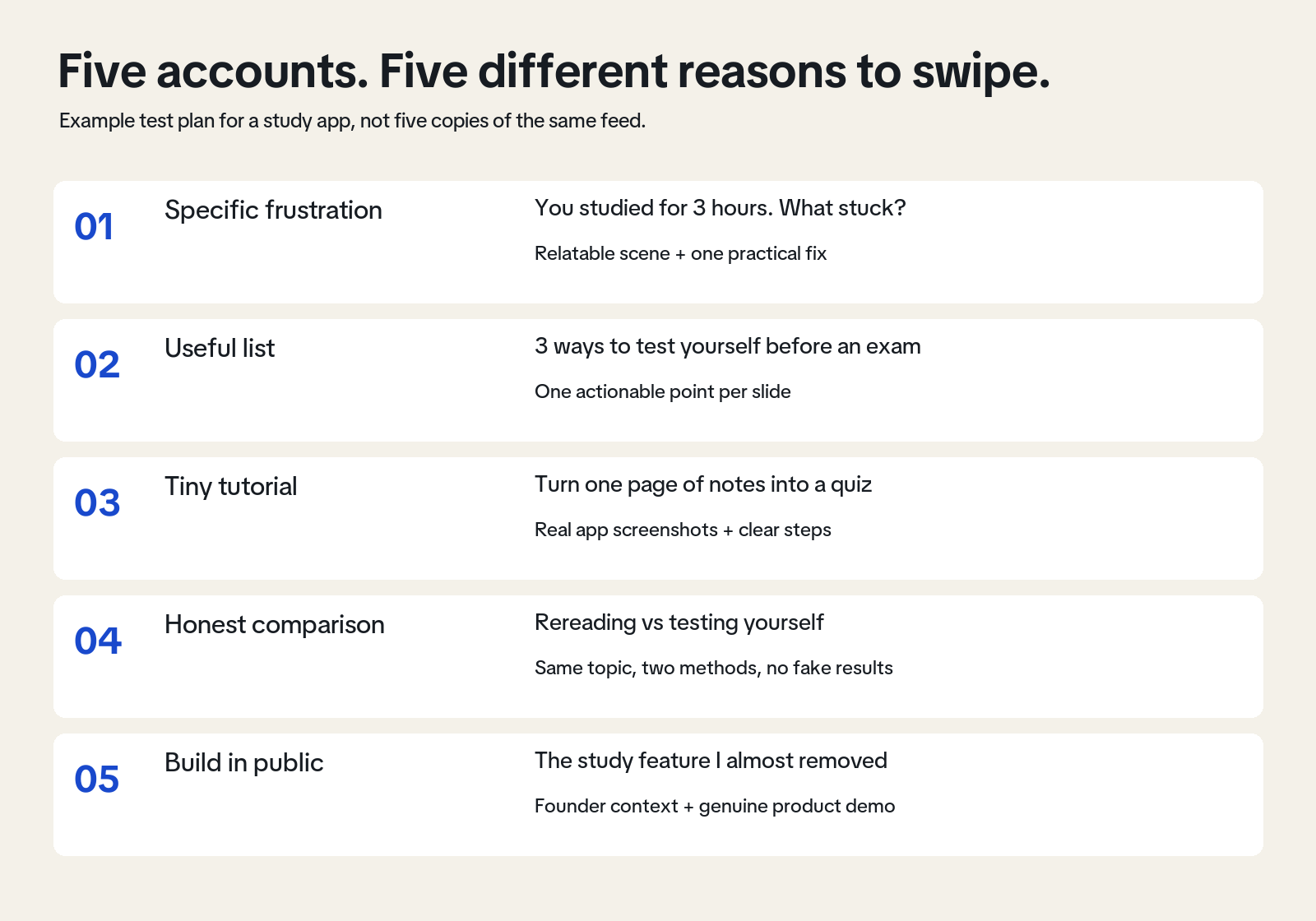 Five study-app account formats: specific frustrations, practical lists, tiny tutorials, honest comparisons and build in public.