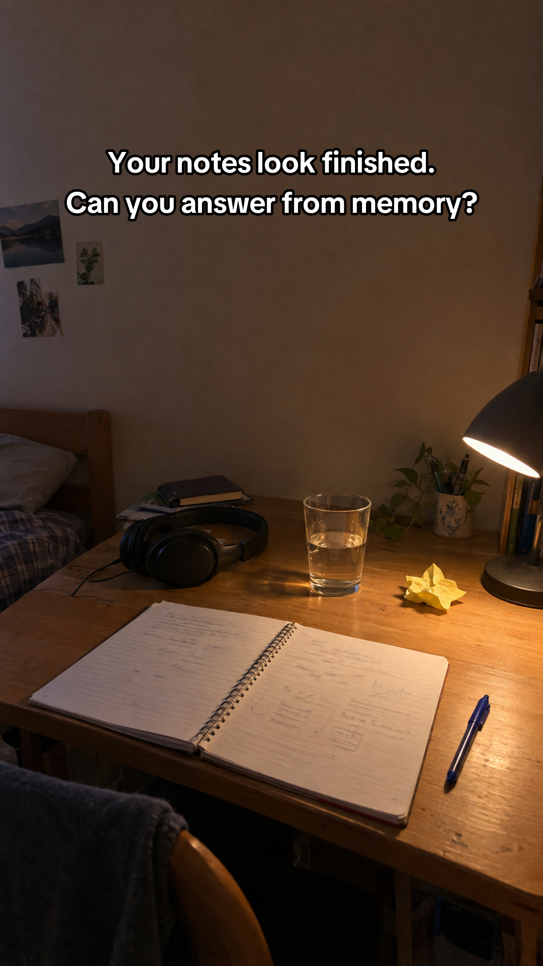 An ordinary dimly lit study desk with the title: Your notes look finished. Can you answer from memory?