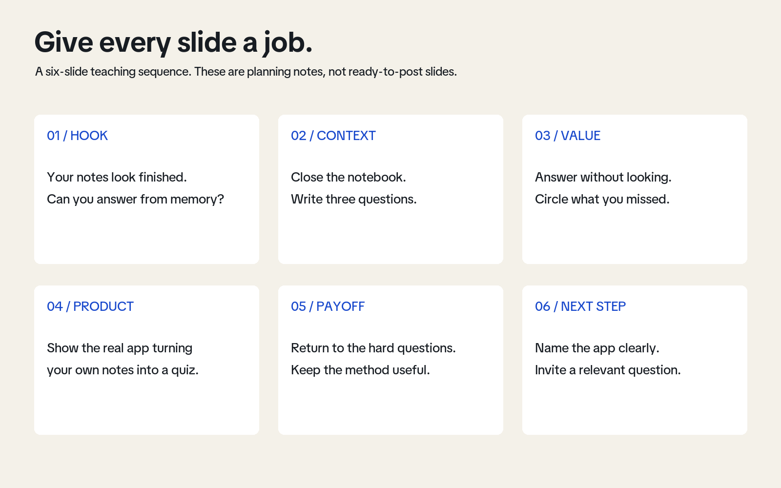 A six-slide sequence: hook, context, value, product, payoff and next step.