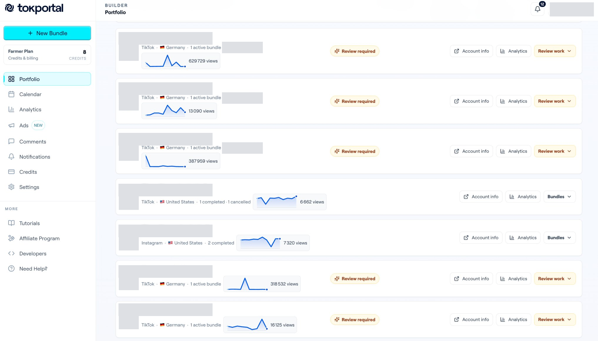 TokPortal portfolio with anonymous account rows showing 629729, 13090, 387959, 6662, 7320, 318532 and 16125 views.