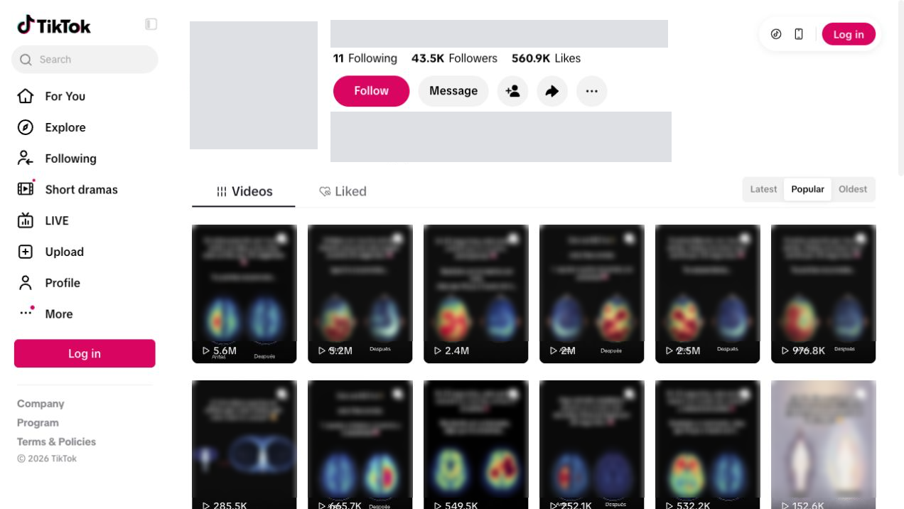 Anonymized Spanish-language TikTok sleep and audio feed, with lightly blurred thumbnails and original view counters including 5.6M.