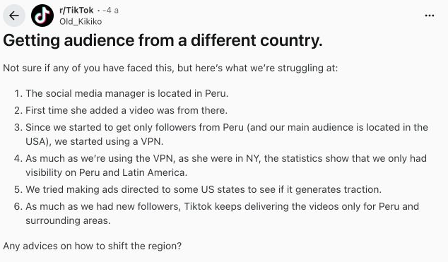 An account managed from Peru was still reaching Peru and Latin America. The author says a New York VPN and US-targeted ads had not changed that. Self-reported experience, December 2022.