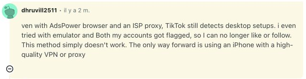 An AdsPower user reports restrictions on liking and following on two accounts, despite using an ISP proxy. Public comment, June 2026; cause not independently verified.