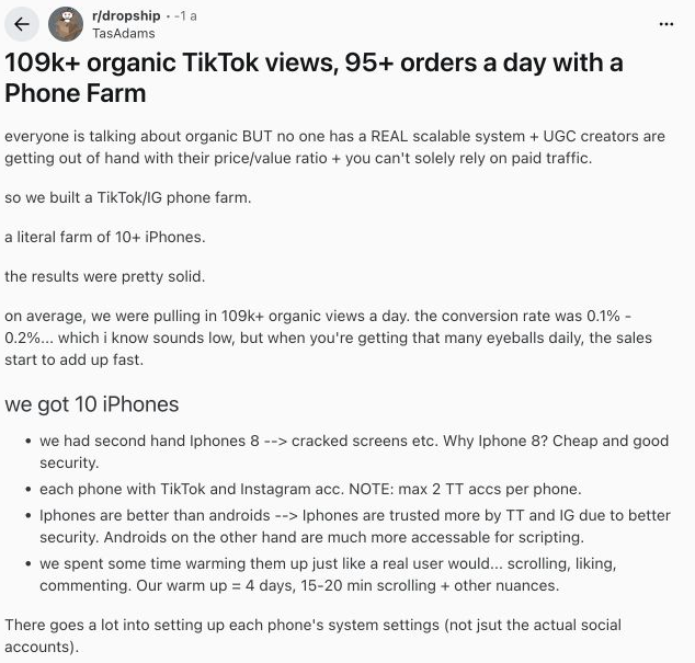 A phone-farm operator describes a setup built around ten used iPhones. The performance claims in this screenshot are the author’s own, unaudited claims.