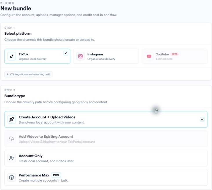 The live TokPortal builder: choose TikTok, then Account Only or Create Account + Upload Videos. Interface captured on 8 September 2026.