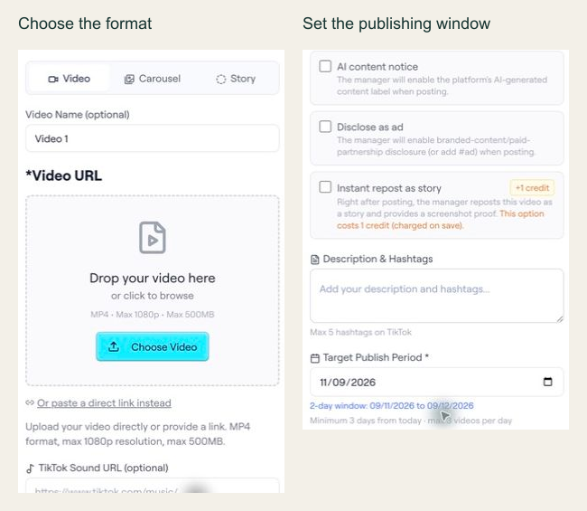 Two cropped views of the real video editor, opened on an existing test bundle. Choose Video, Carousel or Story; then add a caption and a target publishing period. No content was submitted for this illustration.
