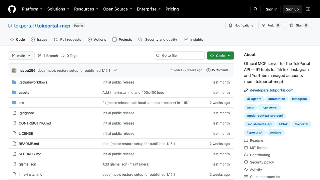 Official tokportal/tokportal-mcp GitHub repository with source files and README