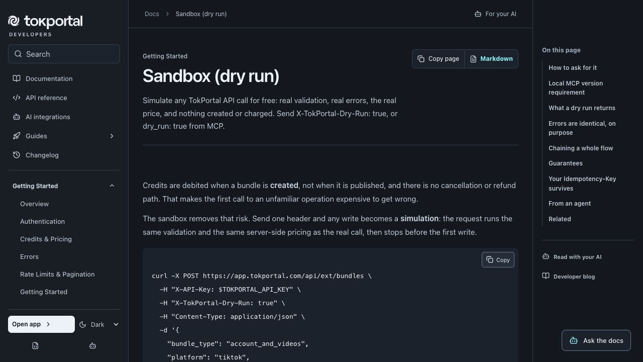 TokPortal management API sandbox documentation showing the dry-run header and example request