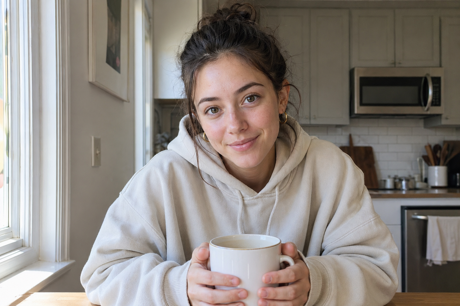 Master persona reference: a young woman, cream hoodie, modern kitchen