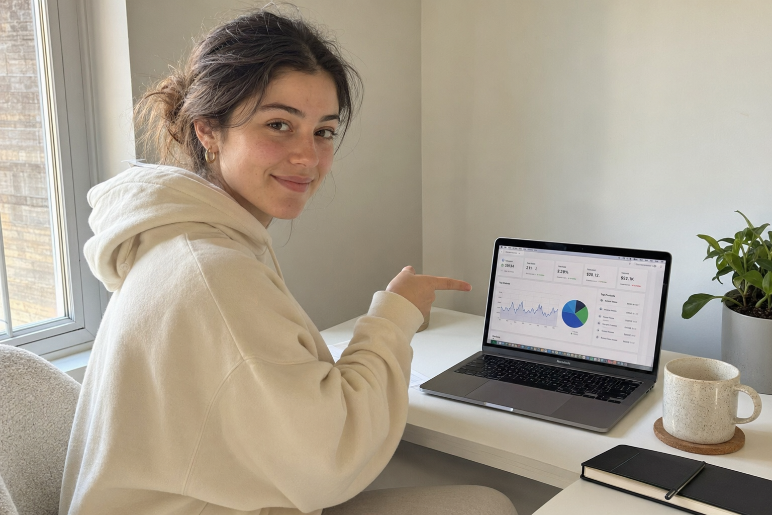 Raw slide render: persona at a desk pointing at a laptop dashboard