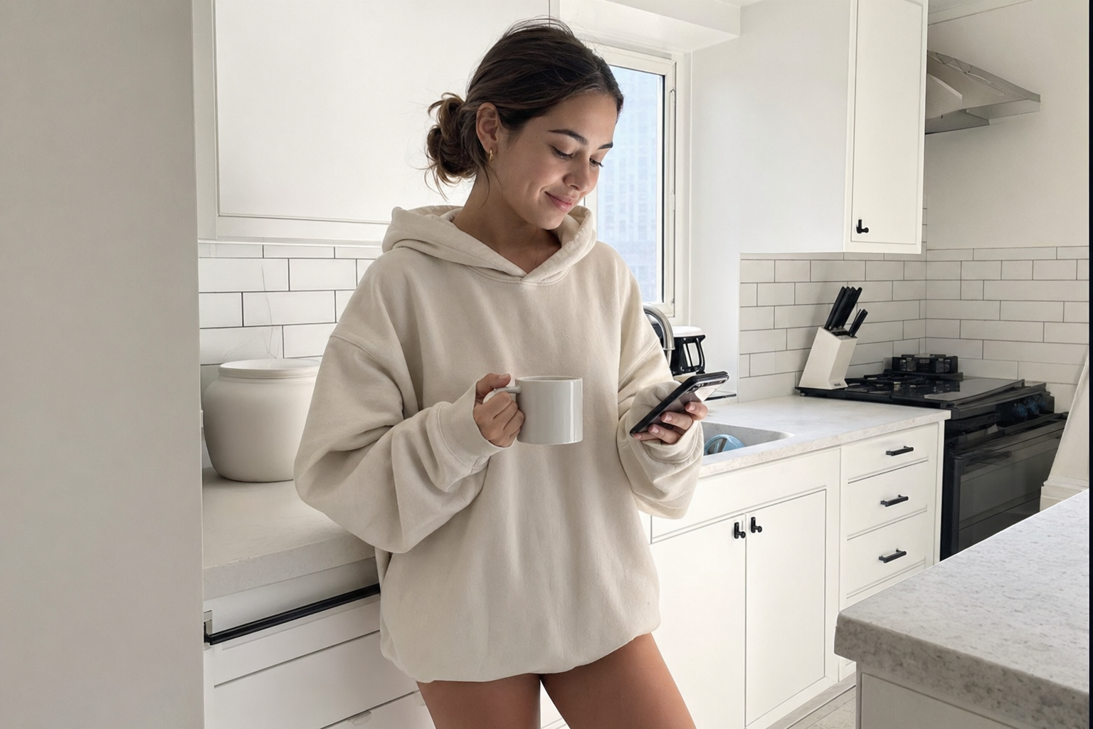 Raw slide render: persona in a kitchen with a coffee mug and her phone